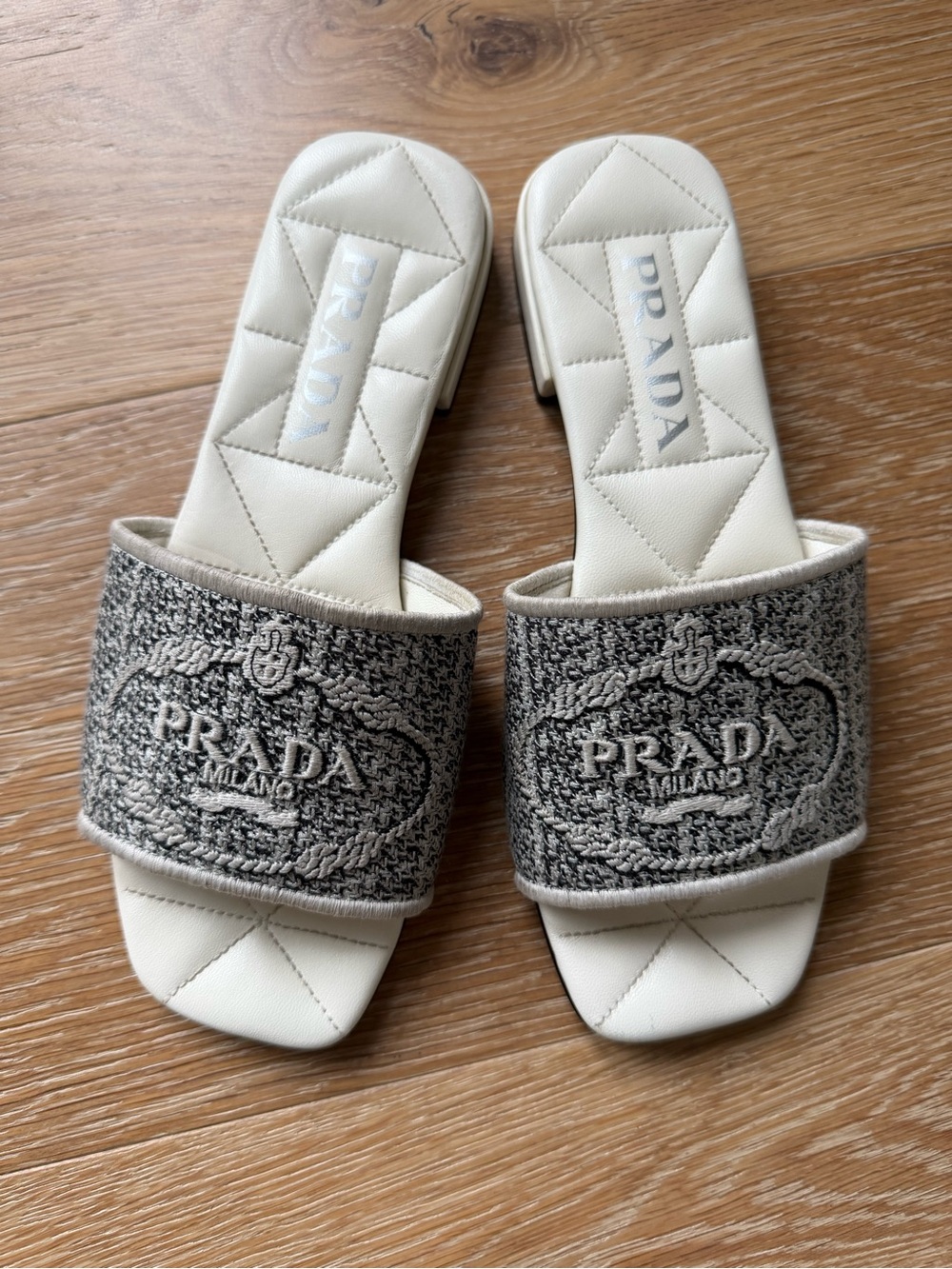 Prada Cream and Gray Jacquard Embroidered Milano Slide Sandals